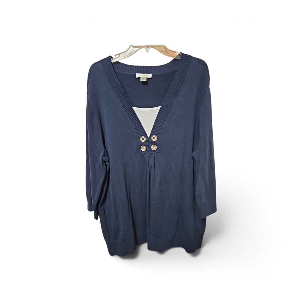 CJ Banks Navy Blue V-Neck Faux Layered Sweater Top 3/4 Sleeve 2X 0576